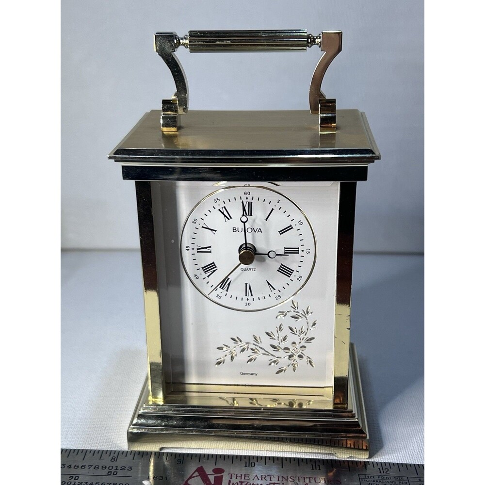 Bulova Gold Quartz Carriage Clock B1340 HE239 Metal Glass Analog Germany Vintage